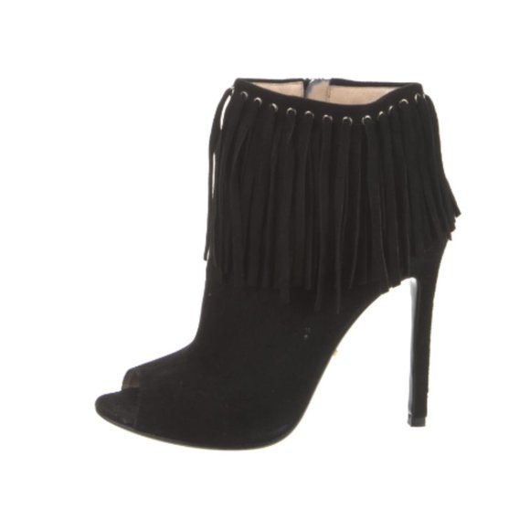 Prada Brown Suede Fringe Trim Accent Peep Toe Ankle Boots Stiletto Heels - Picture 1 of 15